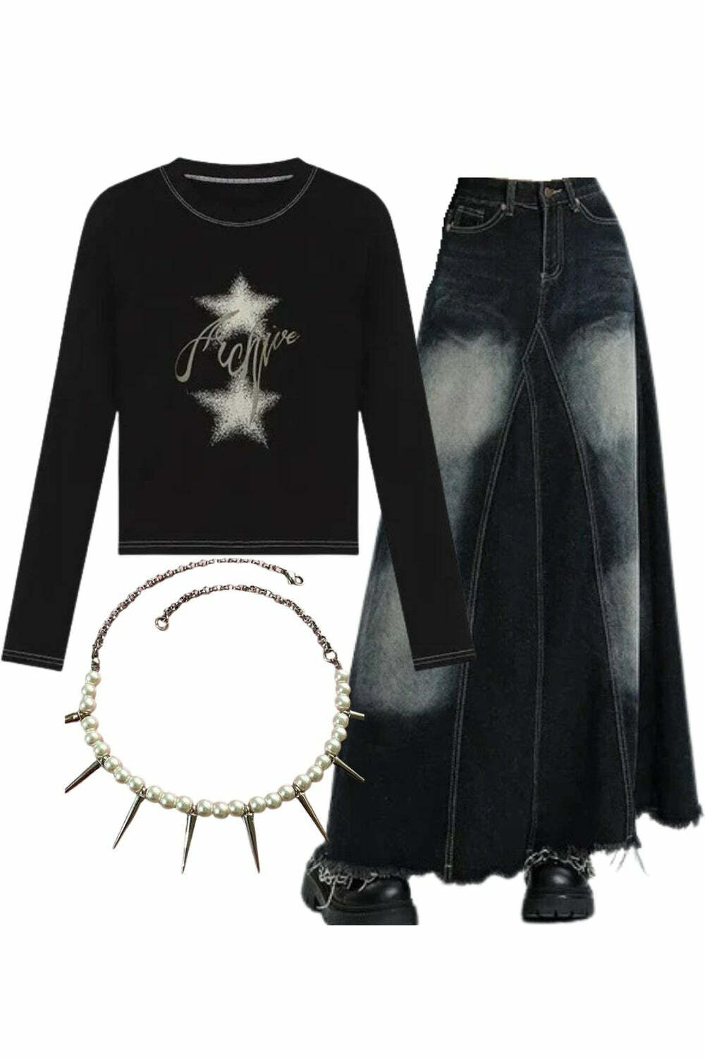 Y2K Fashion: Sparkle Top, Faded Black Maxi Denim Skirt & Pearl Spike Necklace