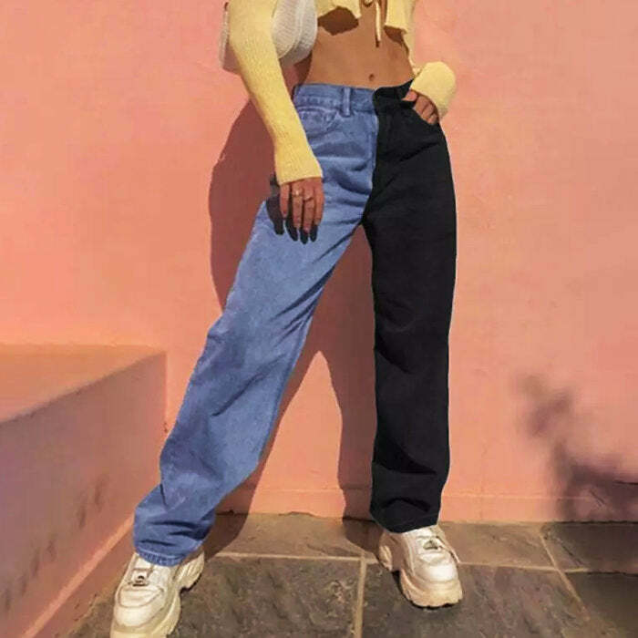 Y2K Fashion Split Color Jeans - Trendy 2000s Style for Unique Outfits