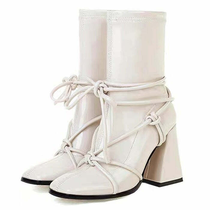 Y2K Fashion Square Heel Lace-Up Ankle Boots for Trendy 2000s Style