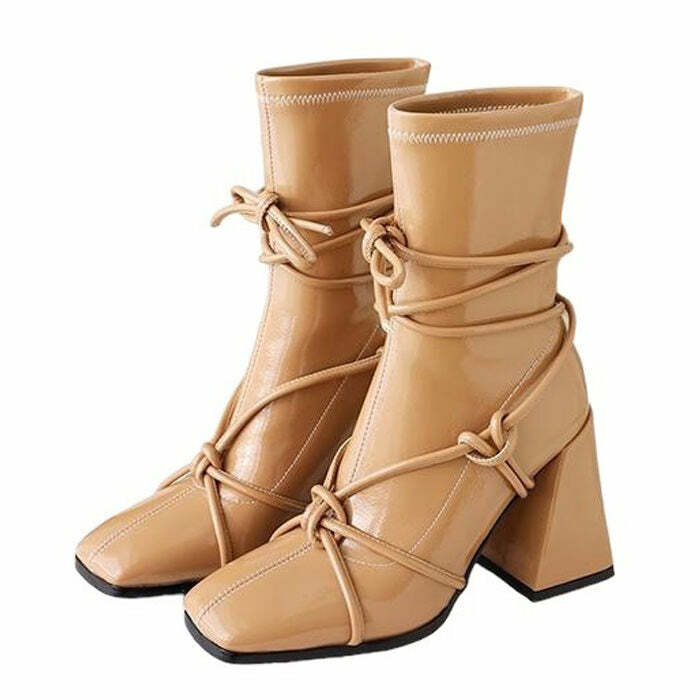 Y2K Fashion Square Heel Lace-Up Ankle Boots for Trendy 2000s Style