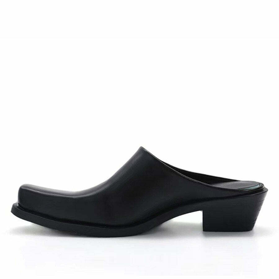 Y2K Fashion Square Toe Minimalist Black Mules - 2000s Style Footwear