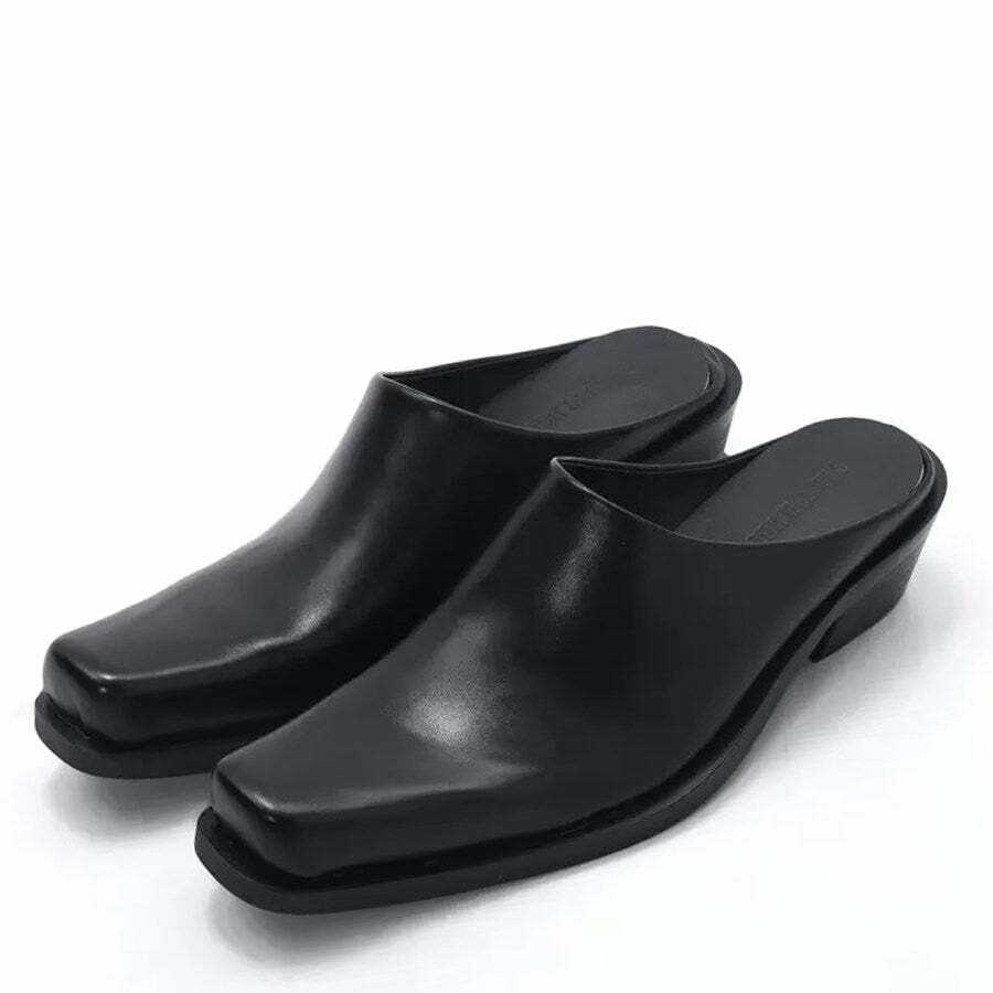 Y2K Fashion Square Toe Minimalist Black Mules - 2000s Style Footwear