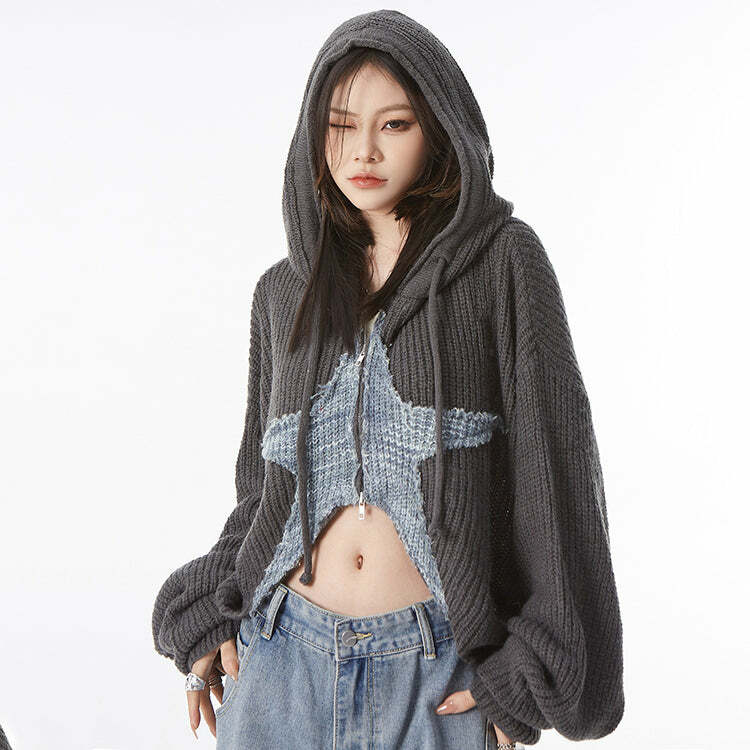 Y2K Fashion Star Girl Aesthetic Zip Up Knit Hoodie - 2000s Style