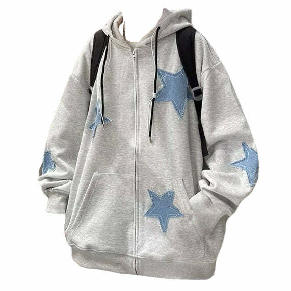 Y2K Fashion Star Patch Aesthetic Zip Up Hoodie - Retro 2000s Style