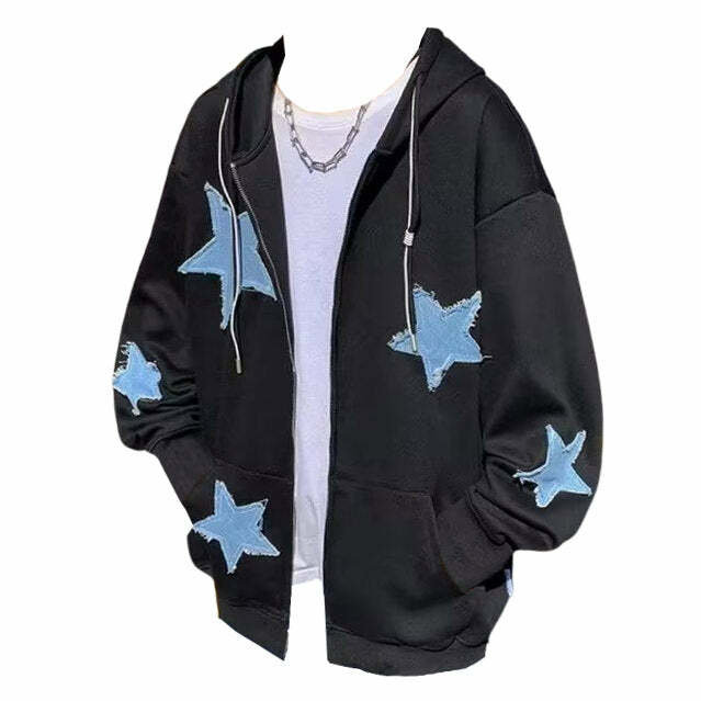 Y2K Fashion Star Patch Aesthetic Zip Up Hoodie - Retro 2000s Style