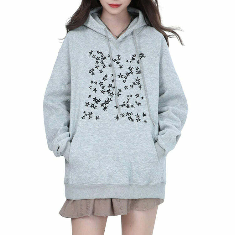 Y2K Fashion Stars Embroidery Hoodie - Trendy 2000s Style Sweatshirt