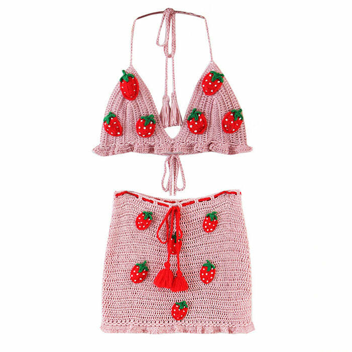 Y2K Fashion Strawberry Crochet Top & Skirt Co-Ord Set - 2000s Style