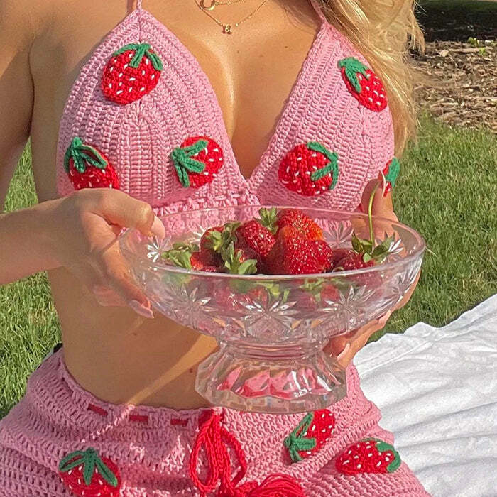 Y2K Fashion Strawberry Crochet Top & Skirt Co-Ord Set - 2000s Style