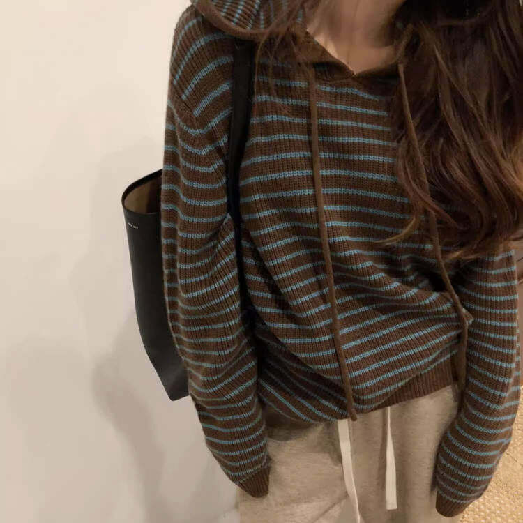 Y2K Fashion Striped Knit Hoodie - Retro 2000s Style for Trendy Looks