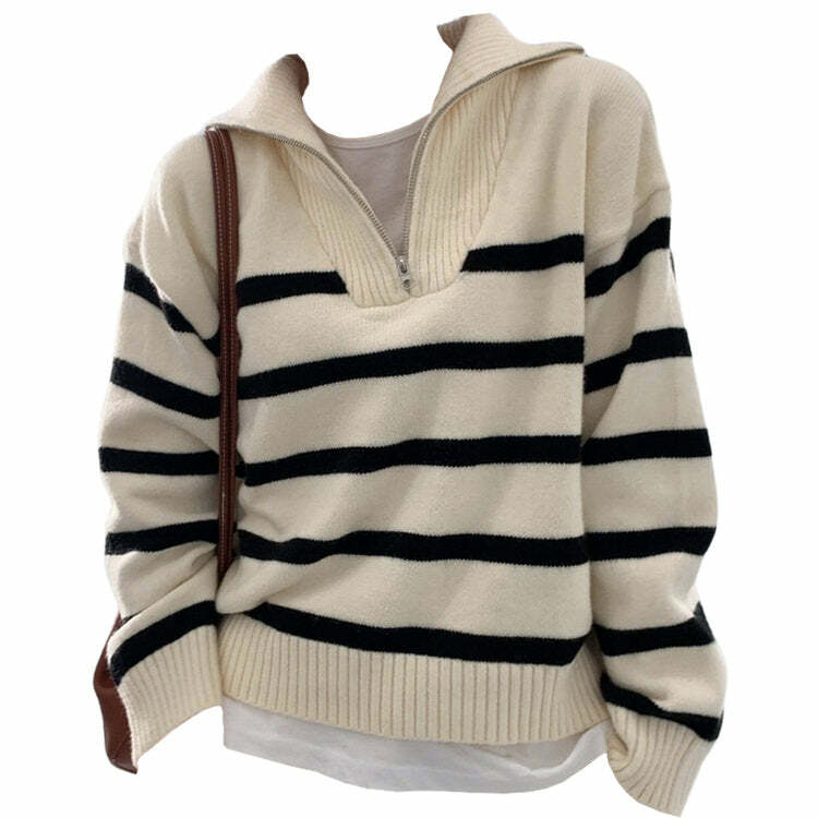 Y2K Fashion Striped Zip-Up Sweater: Retro 2000s Style Essential