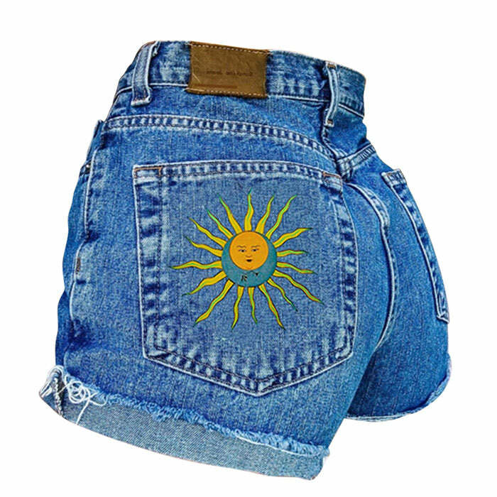 Y2K Fashion Sun and Moon Embroidered Shorts - Trendy 2000s Style