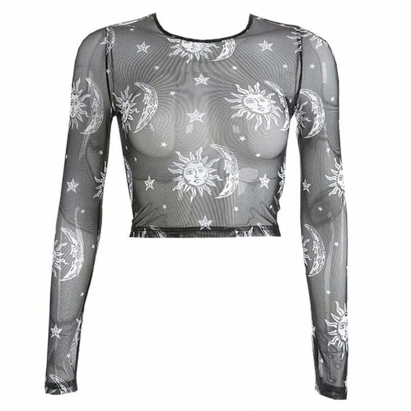 Y2K Fashion Sun and Moon Mesh Top - Trendy 2000s Style Aesthetic