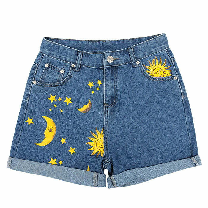 Y2K Fashion Sun and Moon Print Shorts - Trendy 2000s Style Bottoms