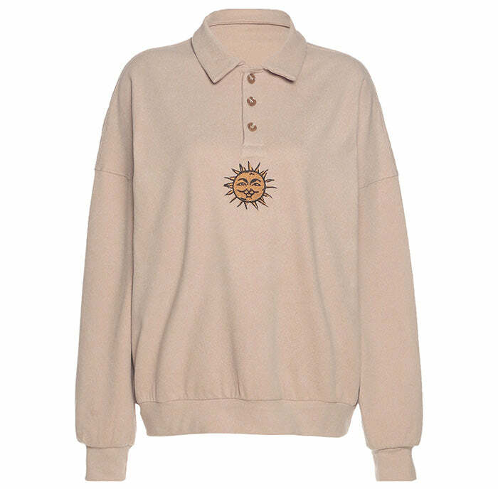 Y2K Fashion Sun Embroidery Button-Up Sweatshirt - Trendy 2000s Style