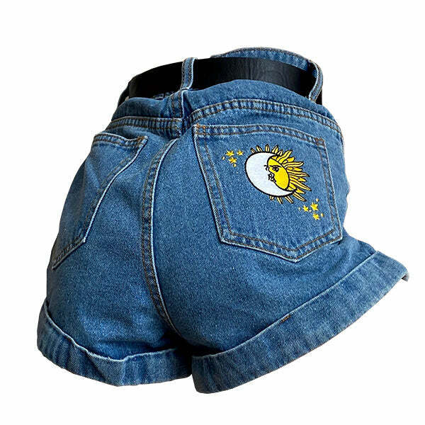 Y2K Fashion Sun & Moon Embroidered Shorts - Trendy 2000s Style