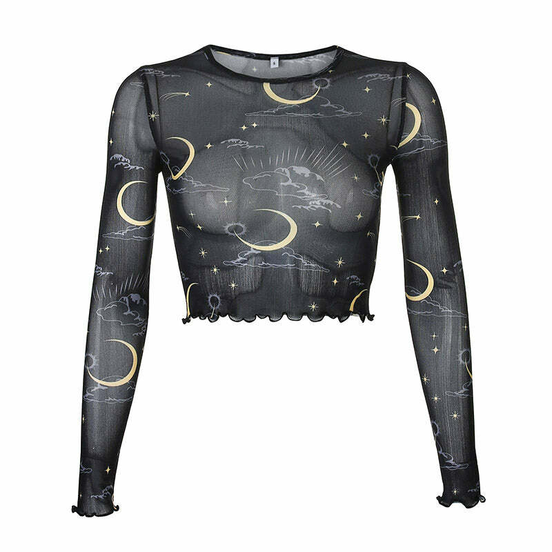 Y2K Fashion Sun & Moon Mesh Top - Trendy 2000s Style Aesthetic