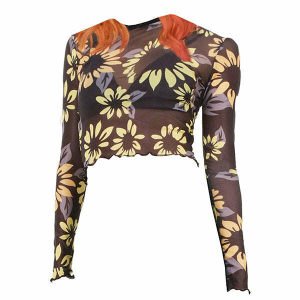 Y2K Fashion Sunflower Mesh Top - Trendy 2000s Style Aesthetic