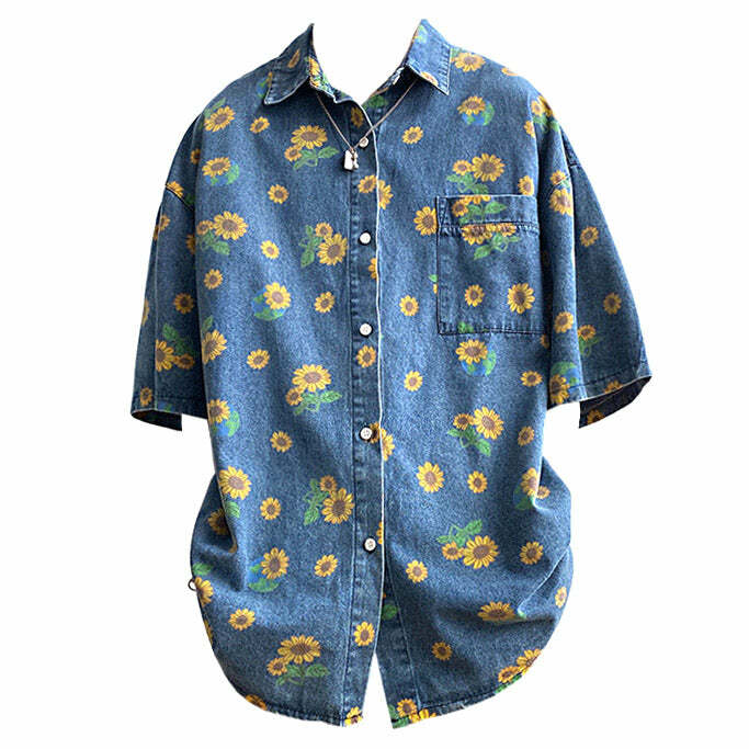 Y2K Fashion Sunflowers Denim Shirt - Trendy 2000s Style Top