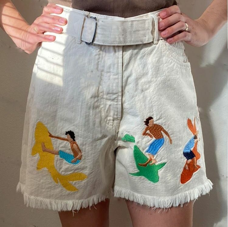 Y2K Fashion Surfing & Sharks Embroidery Shorts - 2000s Style Outfit