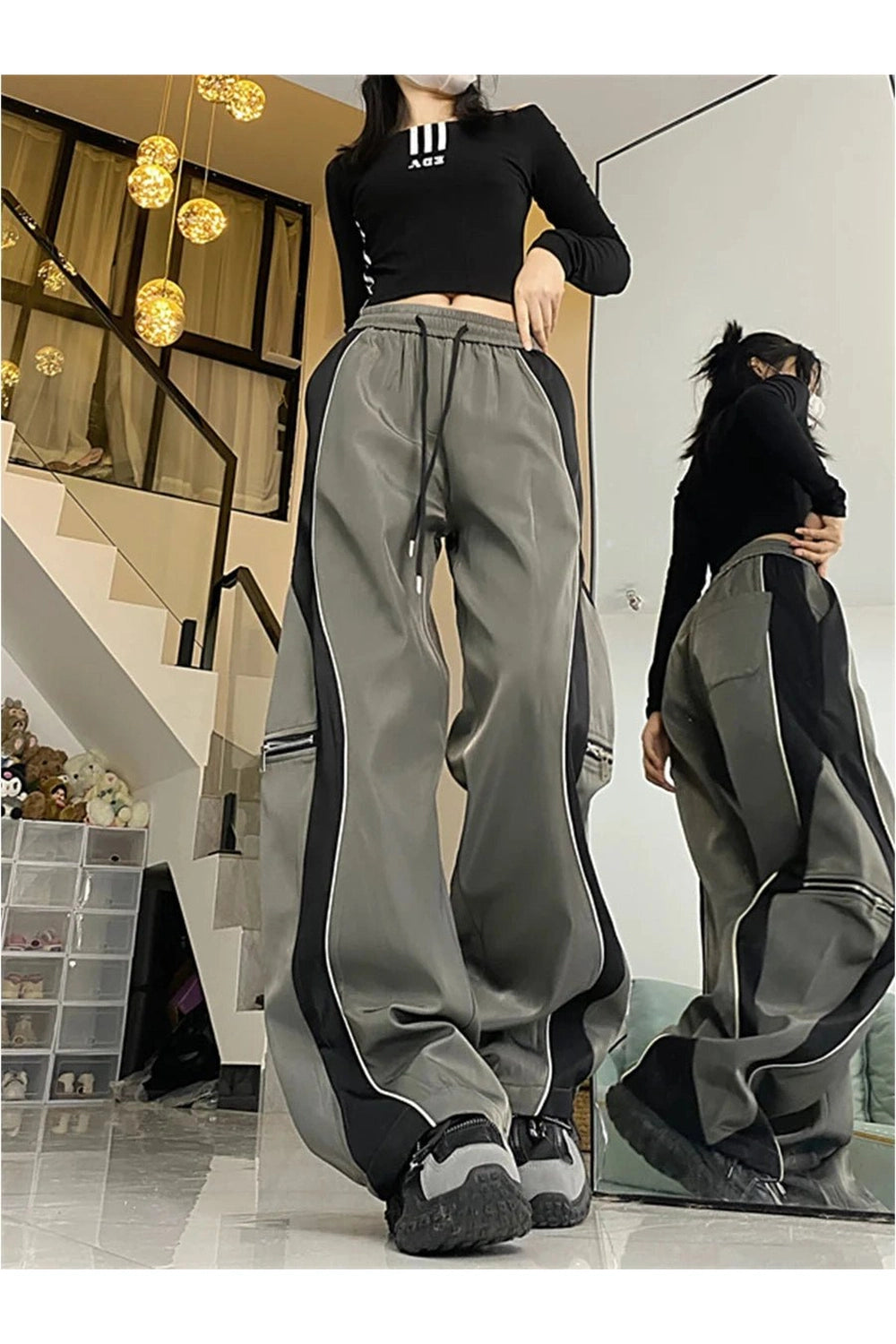 Y2K Fashion Techwear Contrast Wide-Leg Pants for Trendy Outfits