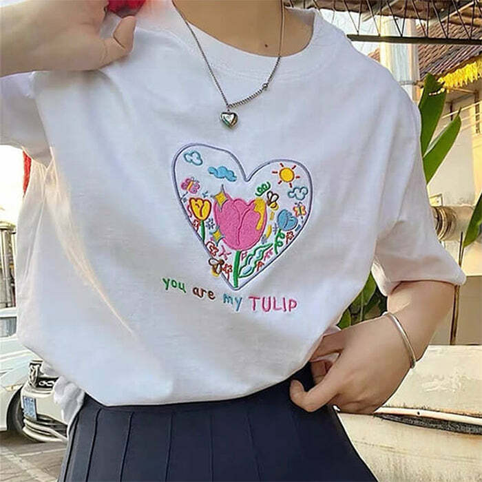 Y2K Fashion Tulip Embroidery Aesthetic T-Shirt - 2000s Style Top