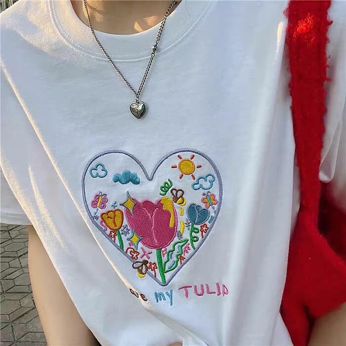 Y2K Fashion Tulip Embroidery Aesthetic T-Shirt - 2000s Style Top