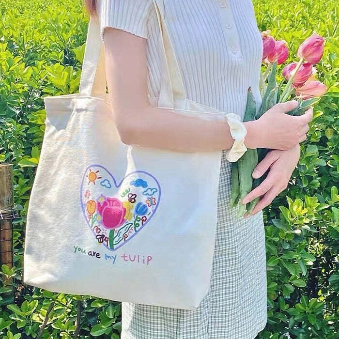 Y2K Fashion Tulip Embroidery Aesthetic Tote Bag - 2000s Style Chic