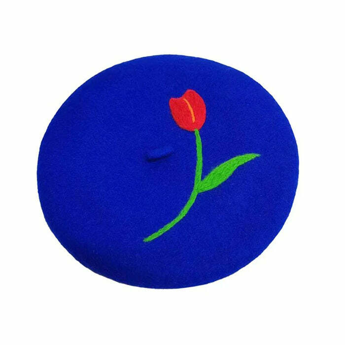 Y2K Fashion Tulip Embroidery Wool Beret - Trendy 2000s Style Accessory