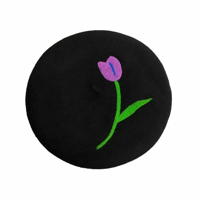 Y2K Fashion Tulip Embroidery Wool Beret - Trendy 2000s Style Accessory