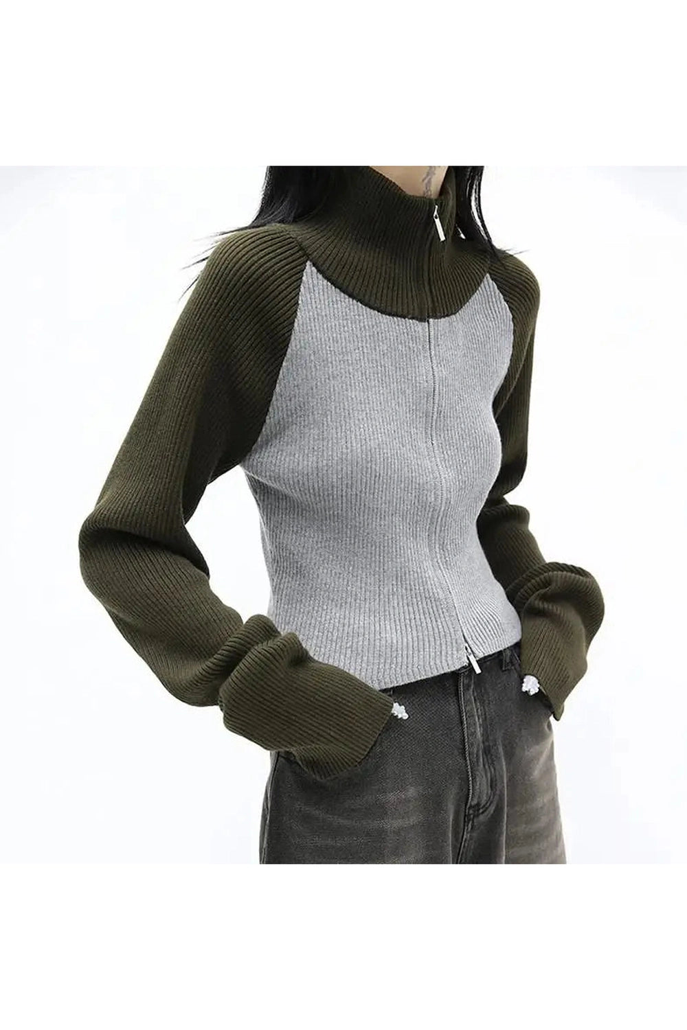 Y2K Fashion Two-Tone Street Zip-Up Sweater - 2000s Style Essential