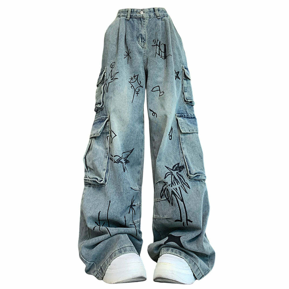 Y2K Fashion Urban Art Cargo Jeans - Trendy 2000s Style for Women