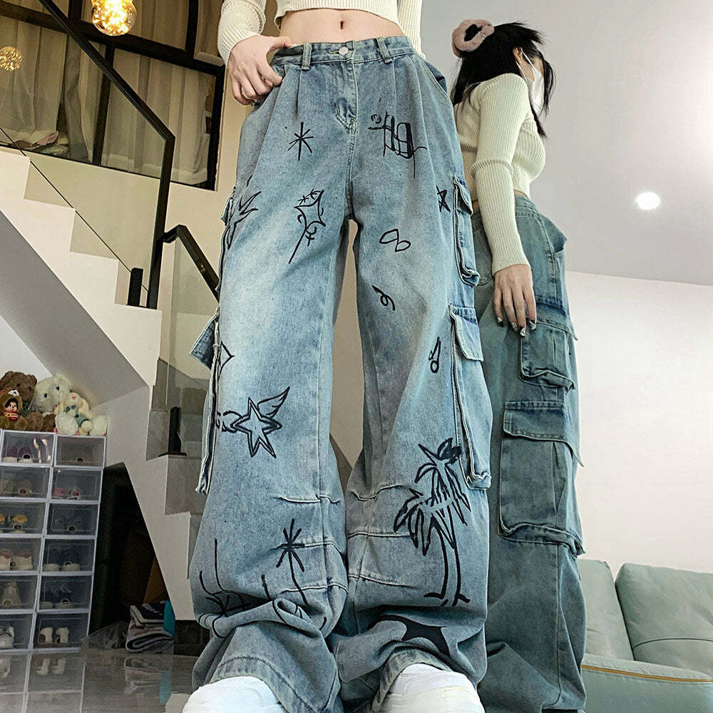 Y2K Fashion Urban Art Cargo Jeans - Trendy 2000s Style for Women