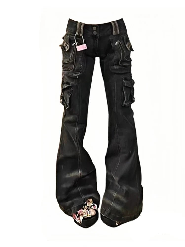 Y2K Fashion Utility Cargo Flare Jeans - Trendy 2000s Style Pants