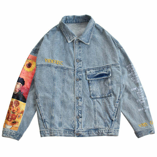 Y2K Fashion Van Gogh Denim Jacket - Trendy 2000s Style Outerwear