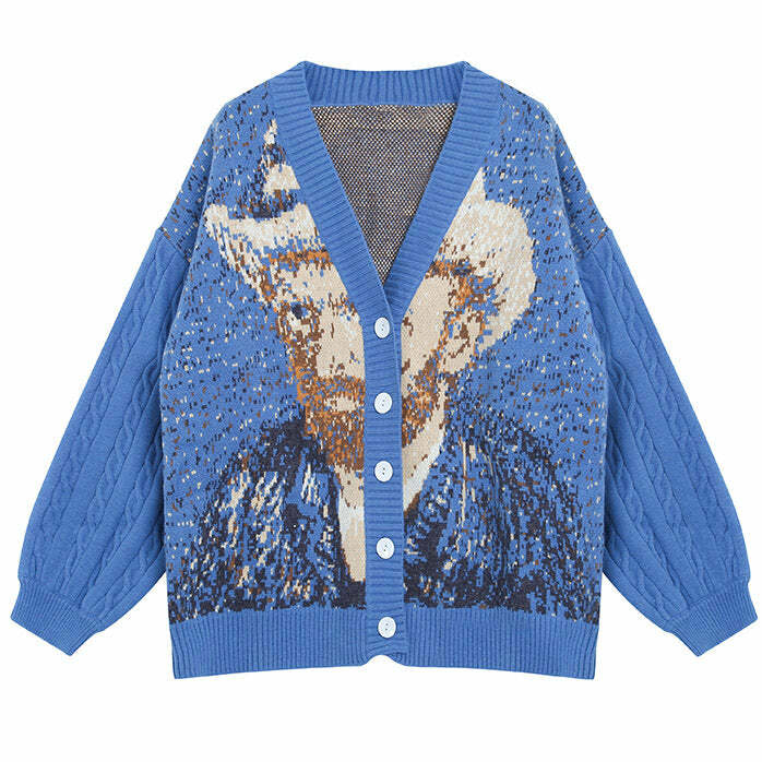 Y2K Fashion Van Gogh Self-Portrait Knit Cardigan - 2000s Style Essential