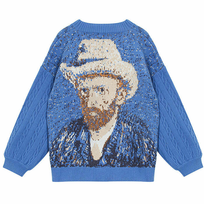 Y2K Fashion Van Gogh Self-Portrait Knit Cardigan - 2000s Style Essential