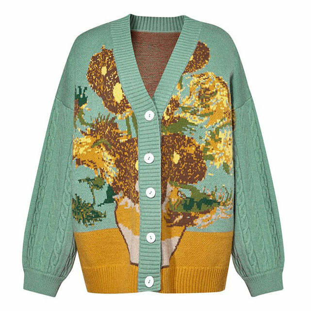 Y2K Fashion Van Gogh Sunflowers Knit Cardigan - 2000s Style Essential