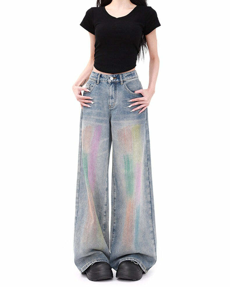 Y2K Fashion Vintage Brush Strokes Jeans - 2000s Style Denim Pants