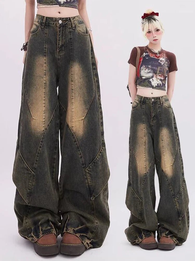 Y2K Fashion Vintage Fade Patchwork Jeans - Retro 2000s Style Denim