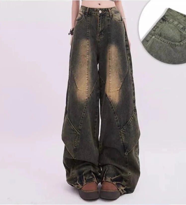 Y2K Fashion Vintage Fade Patchwork Jeans - Retro 2000s Style Denim