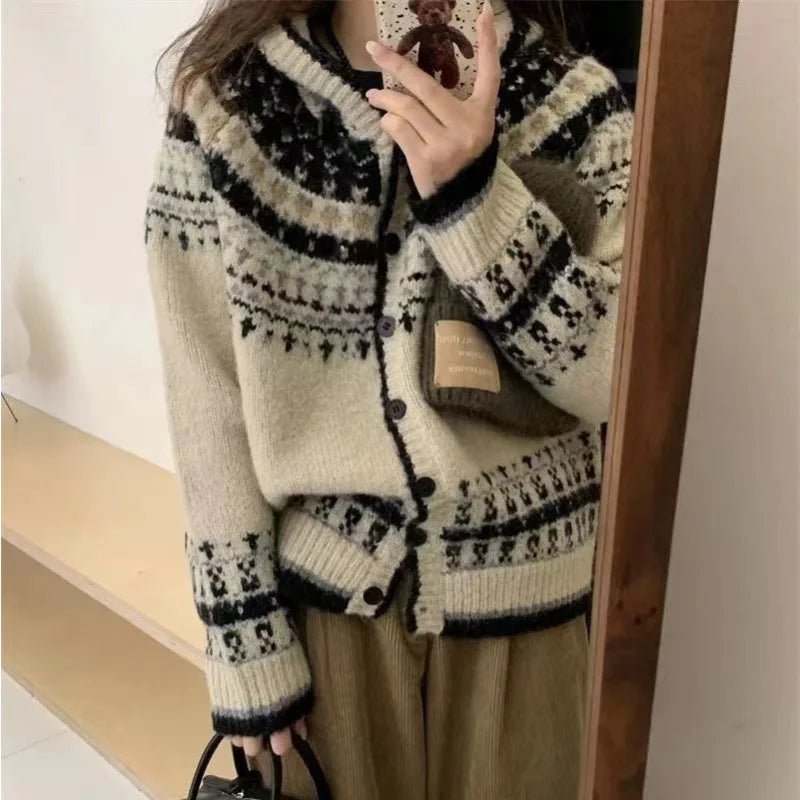 Y2K Fashion Vintage Fair Isle Knit Cardigan - 2000s Style Essential