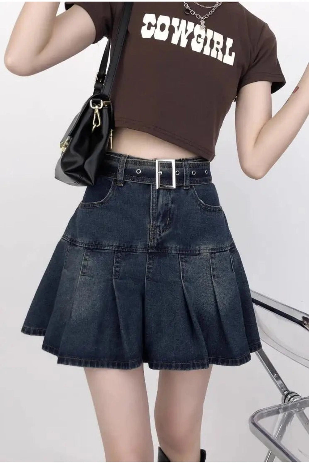 Y2K Fashion Vintage Pleated Denim Mini Skirt - 2000s Style Essential