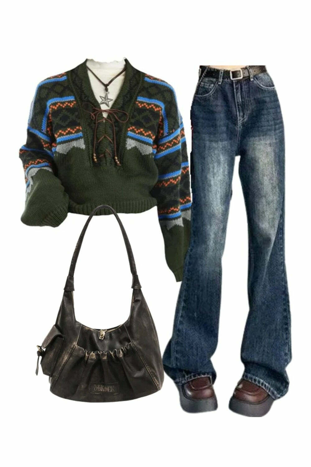 Y2K Fashion: Vintage Wash Flare Jeans & Fair Isle Sweater Outfit Set