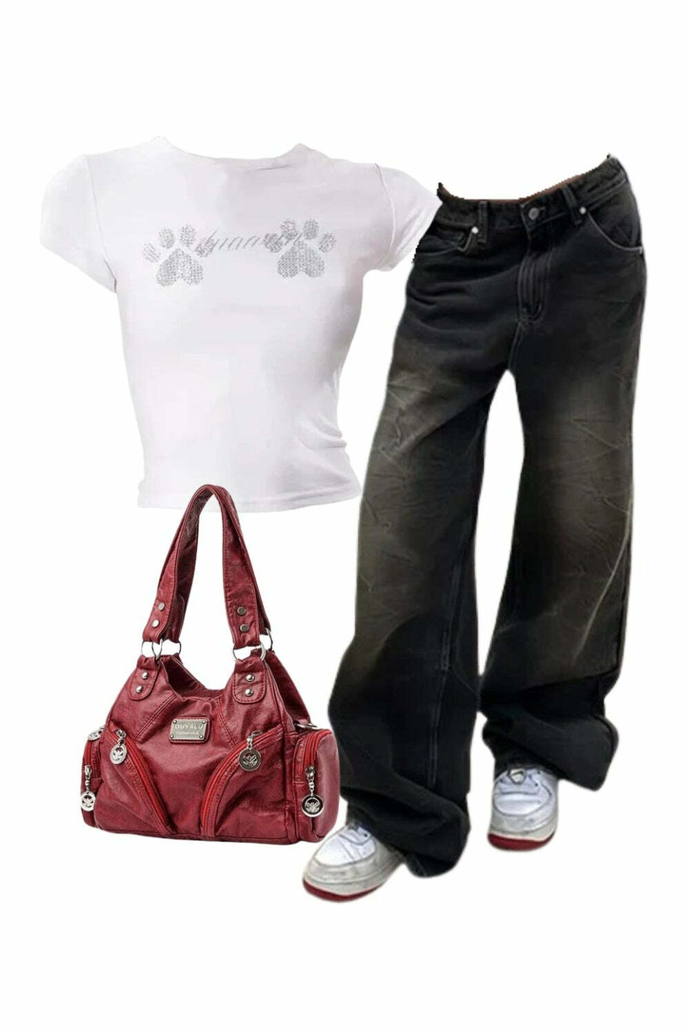 Y2K Fashion: Vintage Washed Baggy Jeans & Rhinestone Paw Print Top