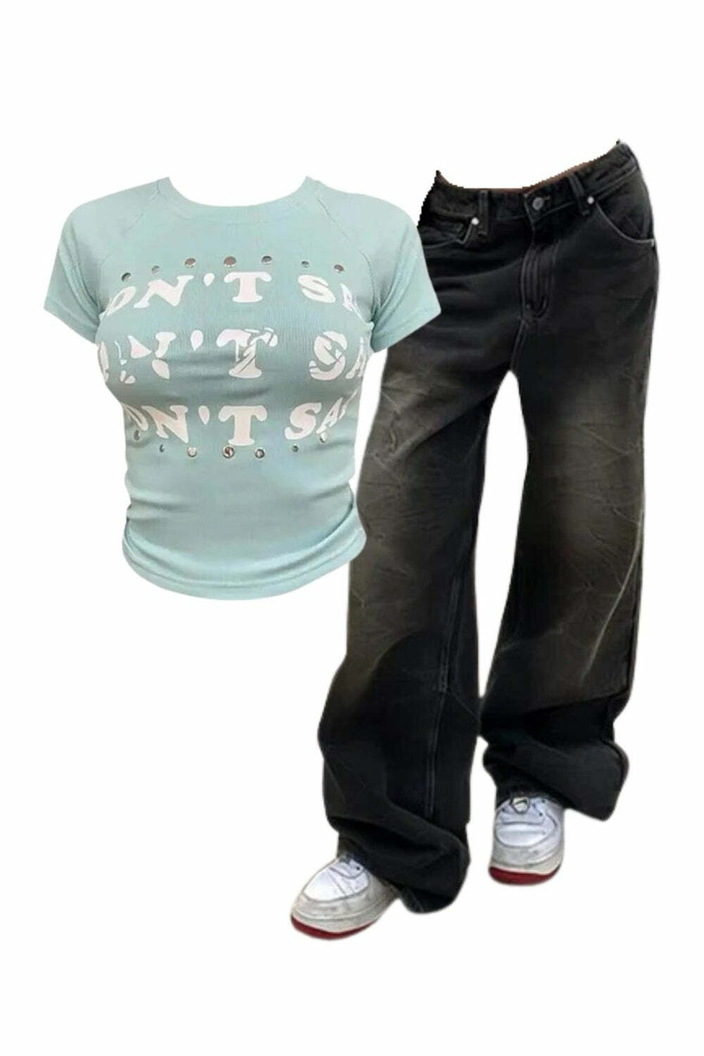 Y2K Fashion: Vintage Washed Baggy Jeans & Studded Graphic Baby Top