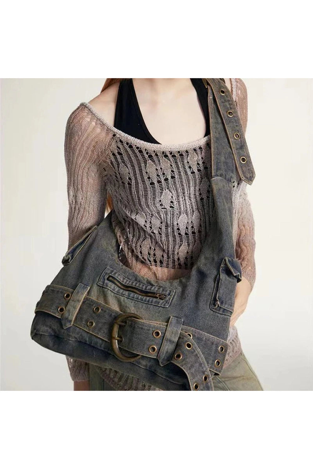 Y2K Fashion Washed Denim Buckle Shoulder Bag - Trendy 2000s Style