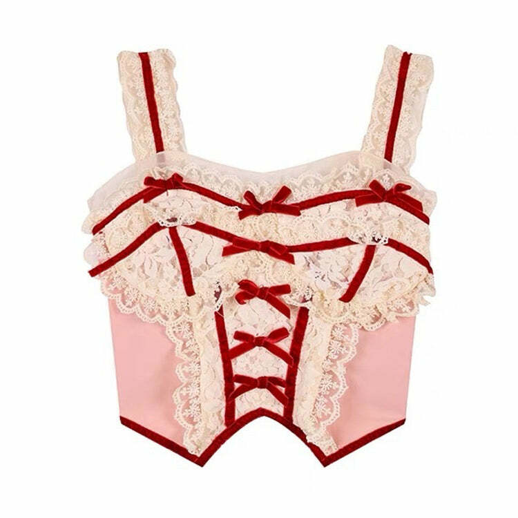 Y2K Fashion White & Red Coquette Lace Corset Top - 2000s Style Essential