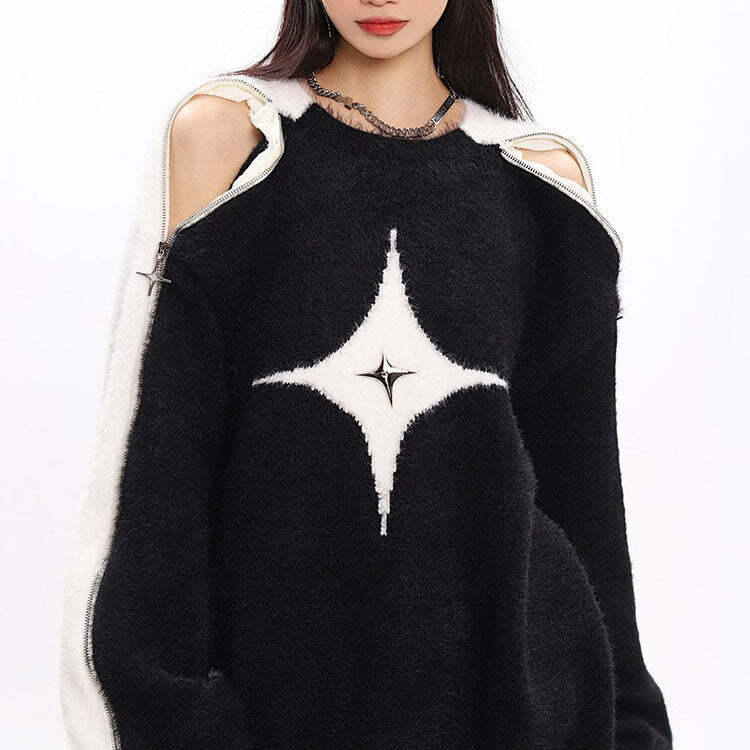 Y2K Fashion White Star Open-Shoulder Sweater - Trendy 2000s Style