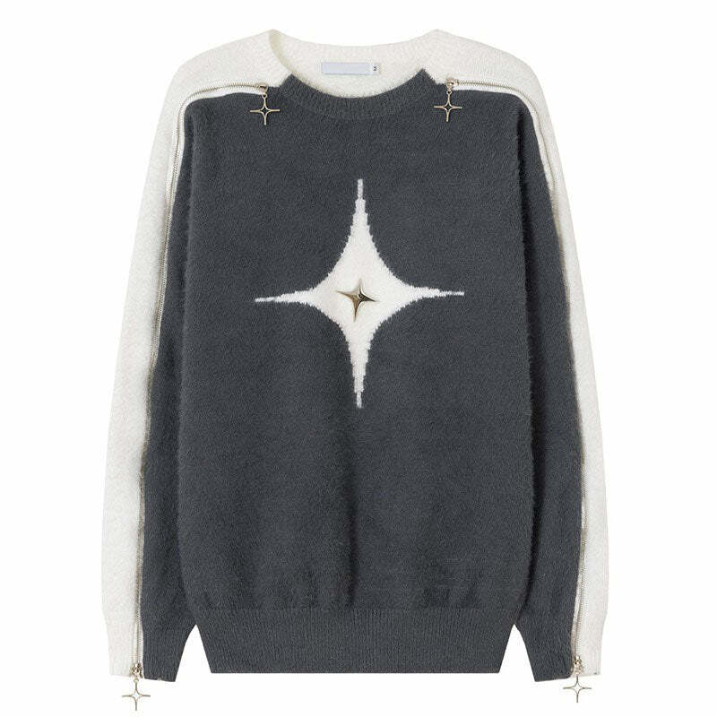 Y2K Fashion White Star Open-Shoulder Sweater - Trendy 2000s Style