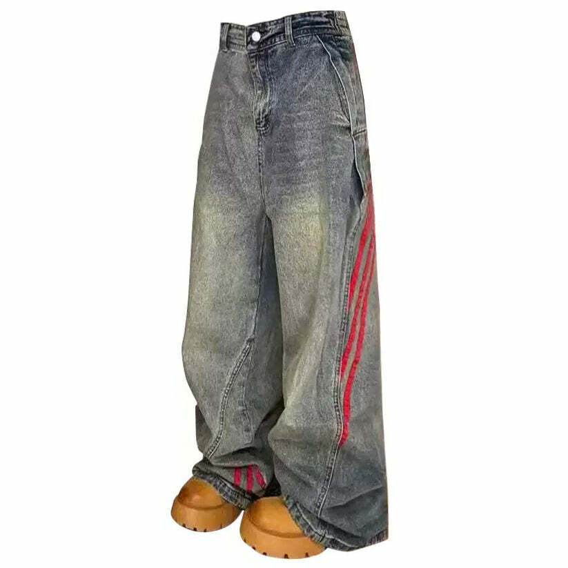 Y2K Fashion Wide Red Stripe Jeans - Retro 2000s Style for Trendy Looks